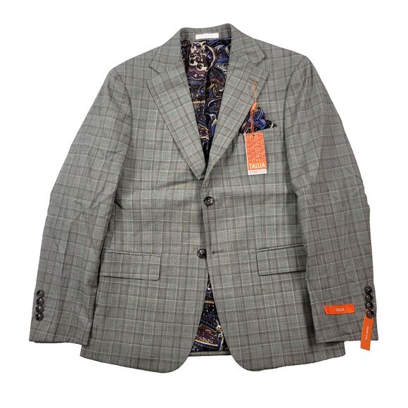 Tallia Slim-Fit Wool Suit Jacket Mens 38S 38 Cream Brown‎ Plaid $425 - Picture 1 of 10